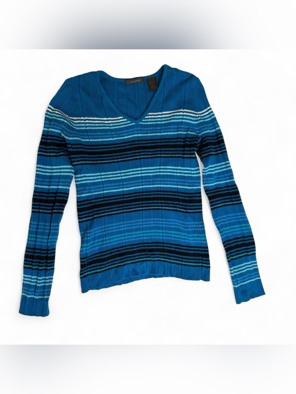 Vintage Y2K Liz Claiborne Blue Black White Striped V-Neck Sweater Women’s XL